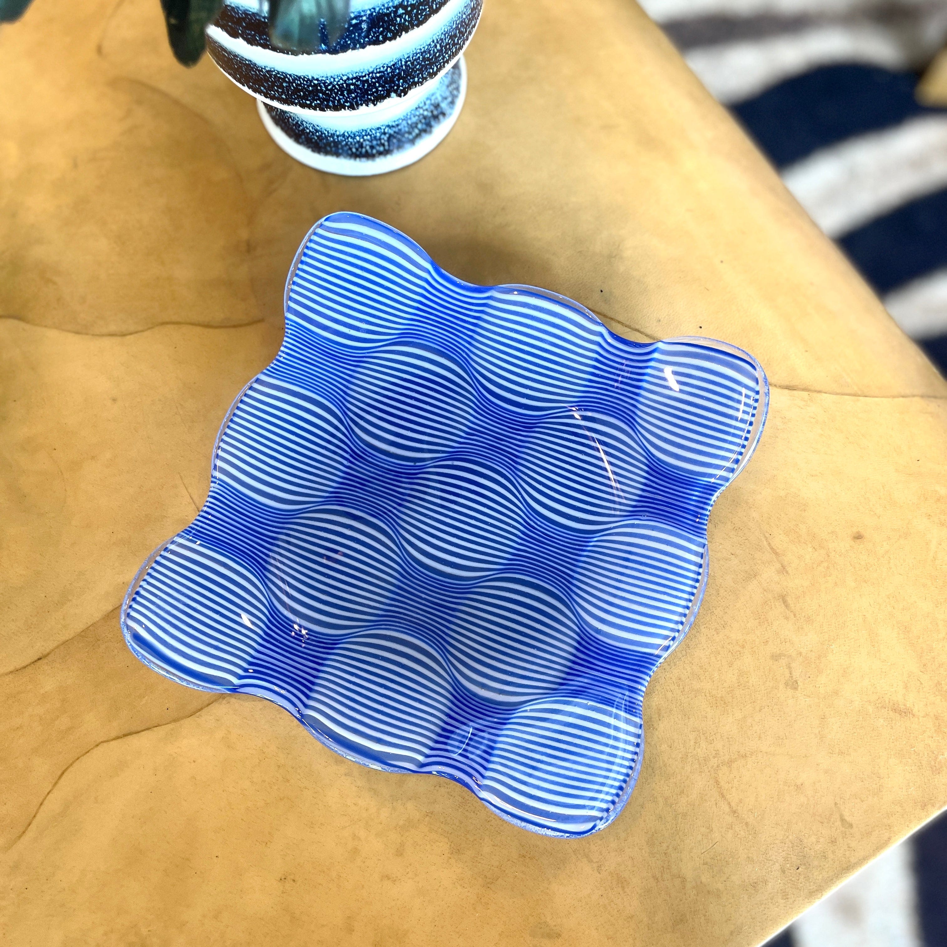 Blue Circles and Stripes Art Glass Slump Tray - PORCH