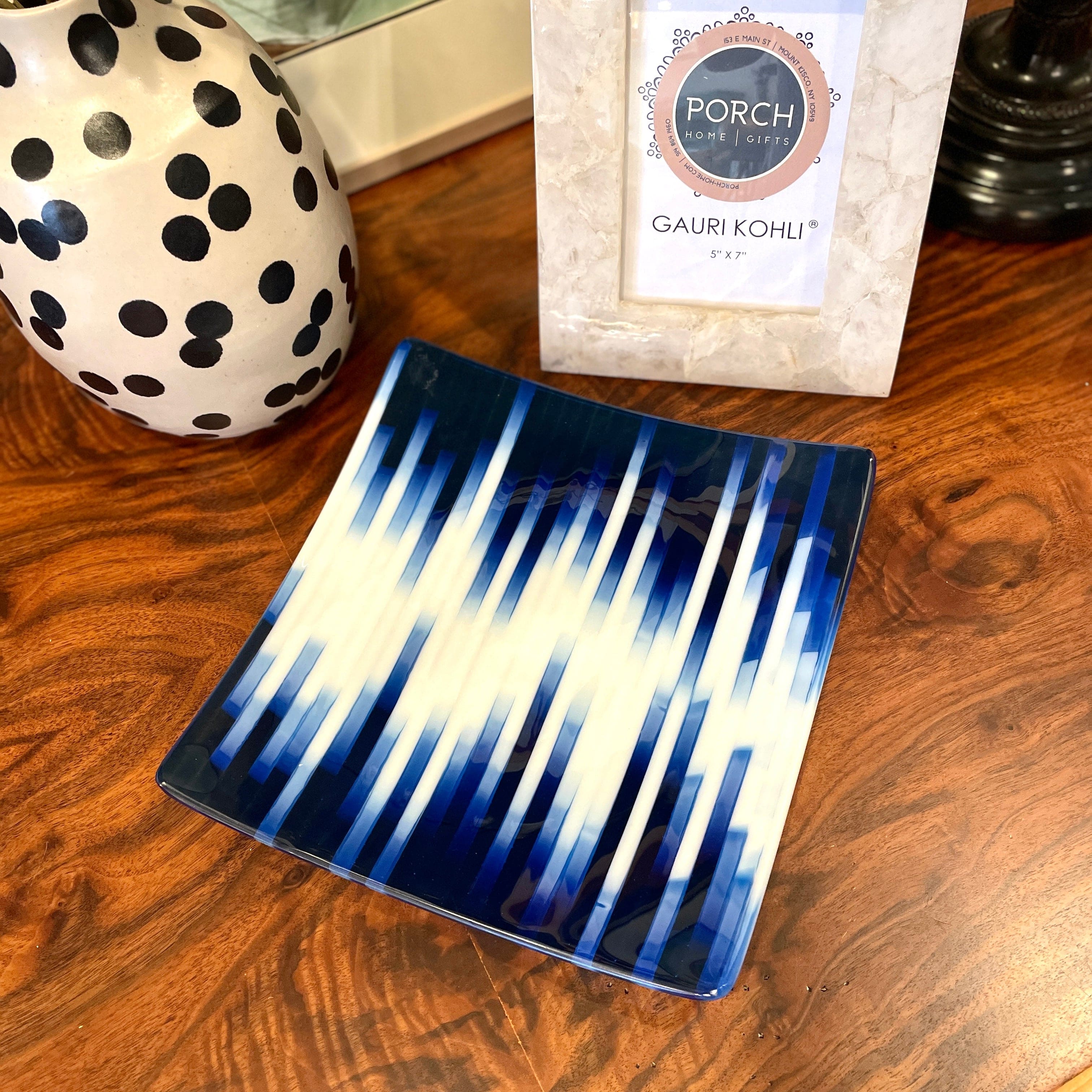 Handmade Art Glass Blue/White Stripe Platter - PORCH