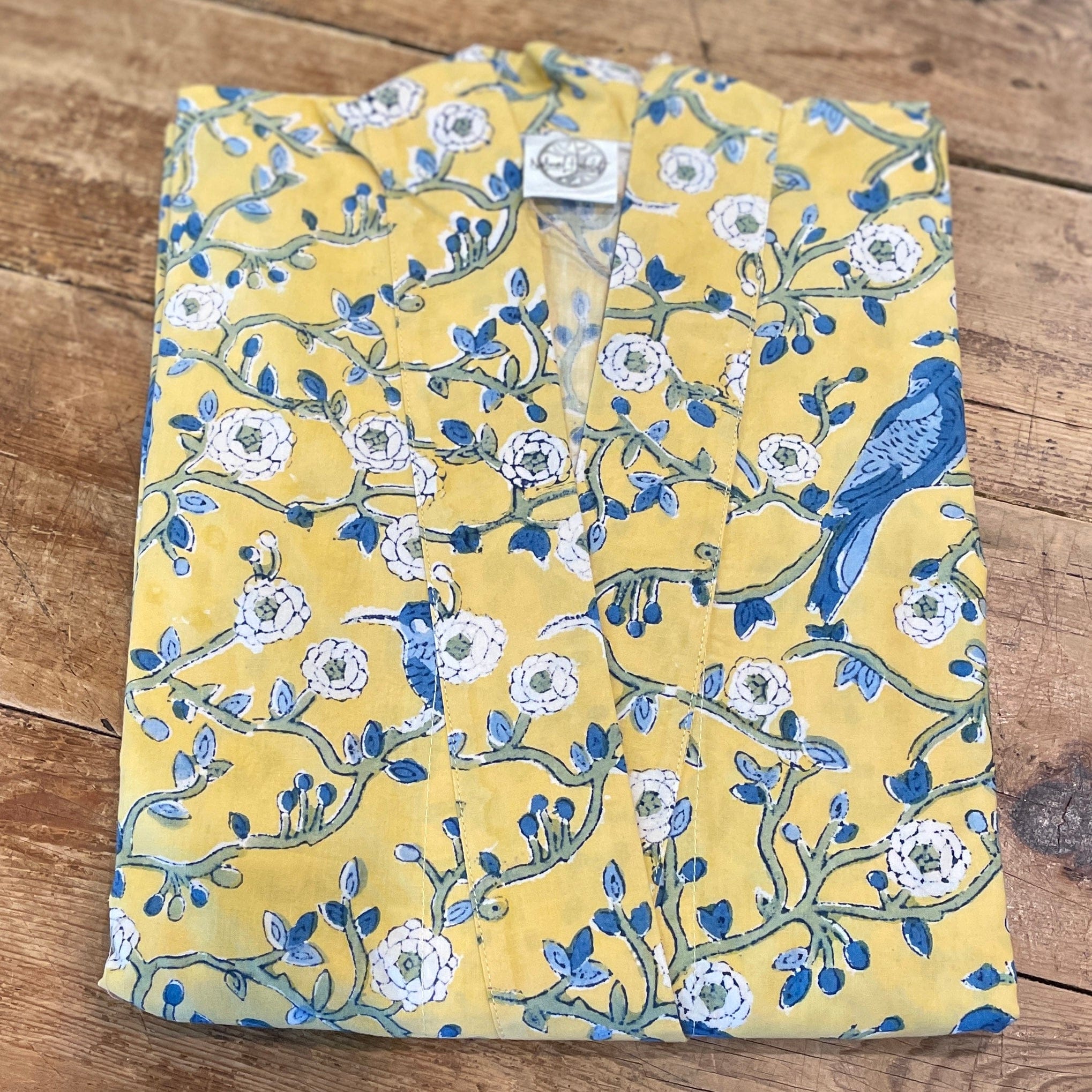 Bluebird-Yellow Cotton Hand-Printed Robe - PORCH