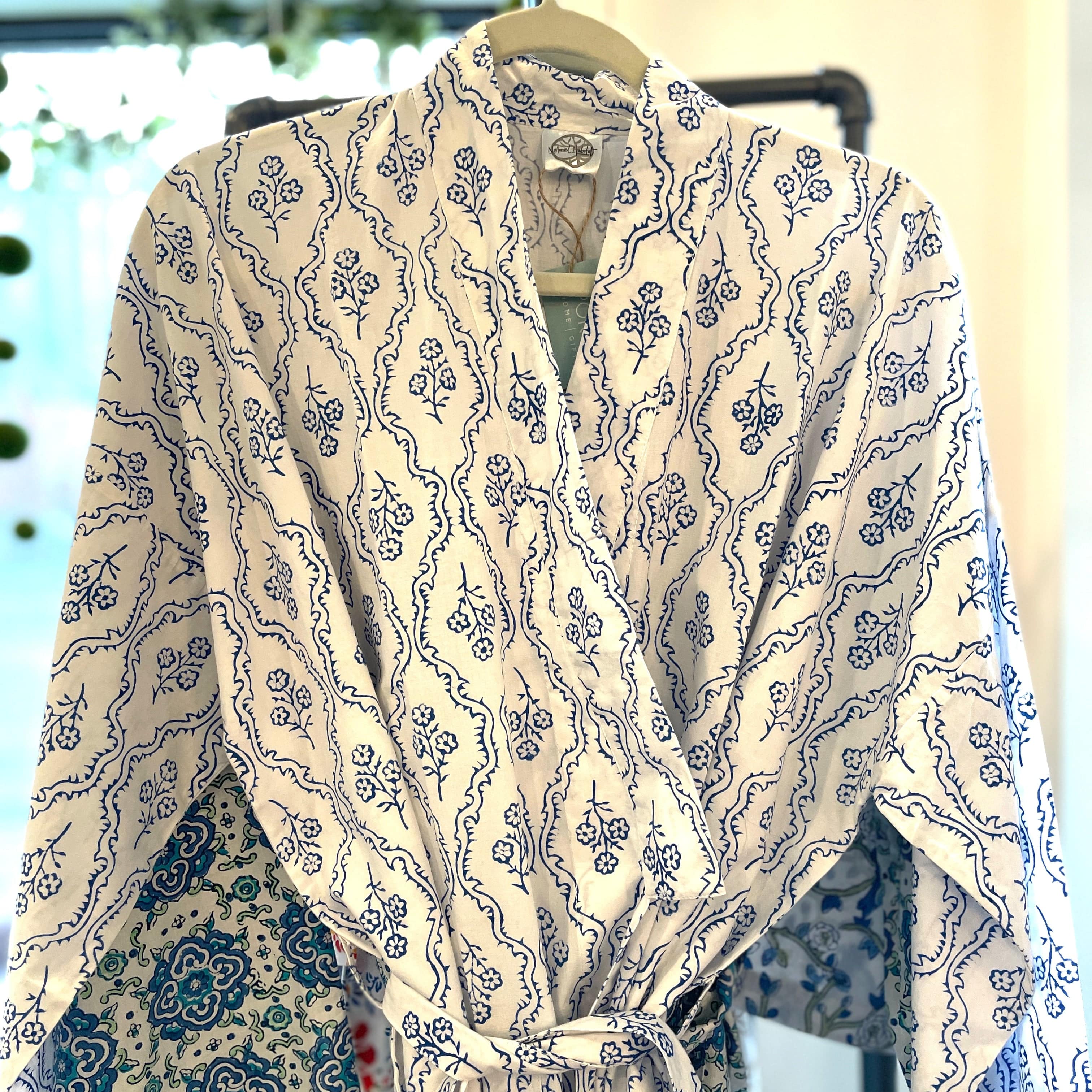 Trellis Blue Cotton Hand-Printed Robe - PORCH