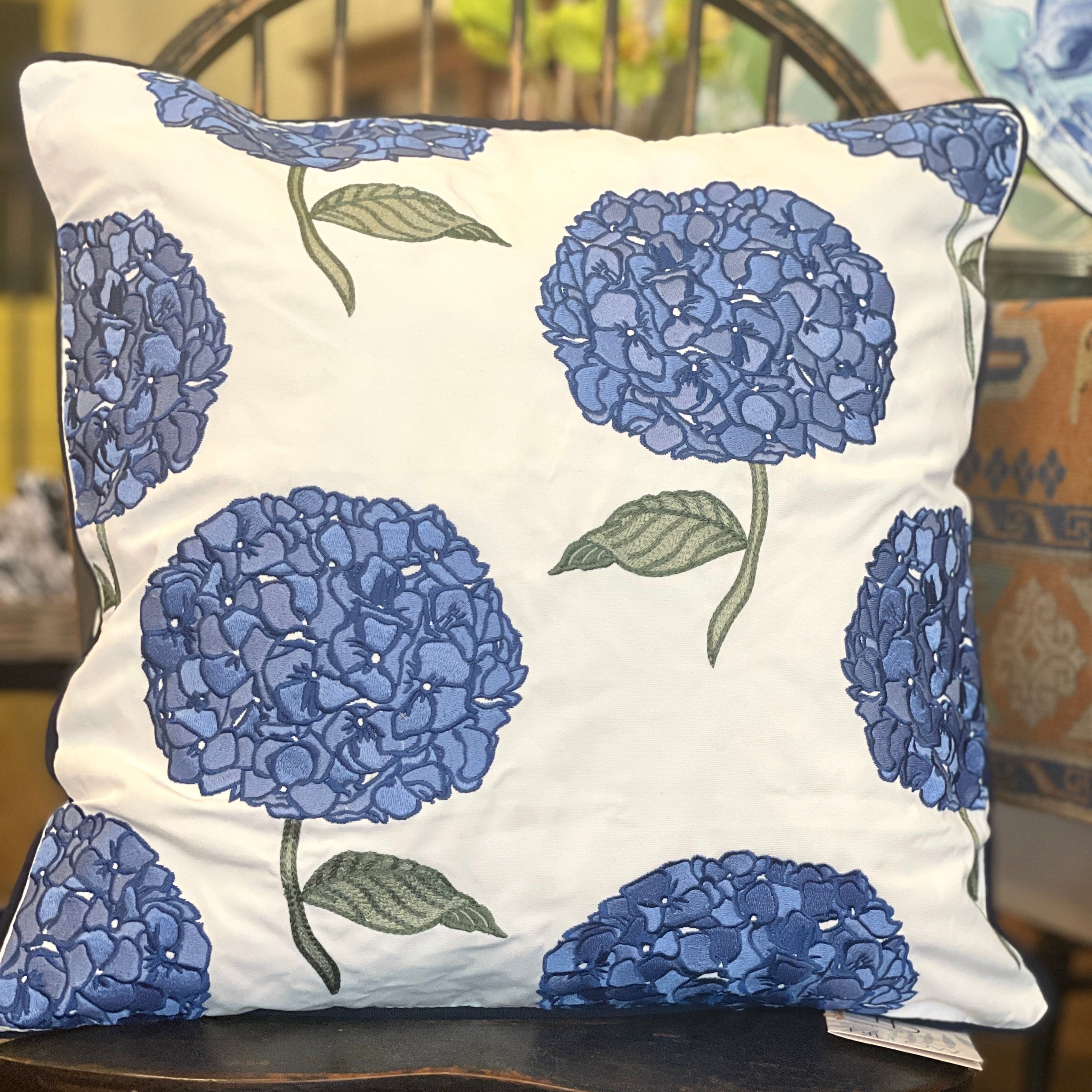 Hydrangea Embroidered Indoor/Outdoor Pillow - PORCH
