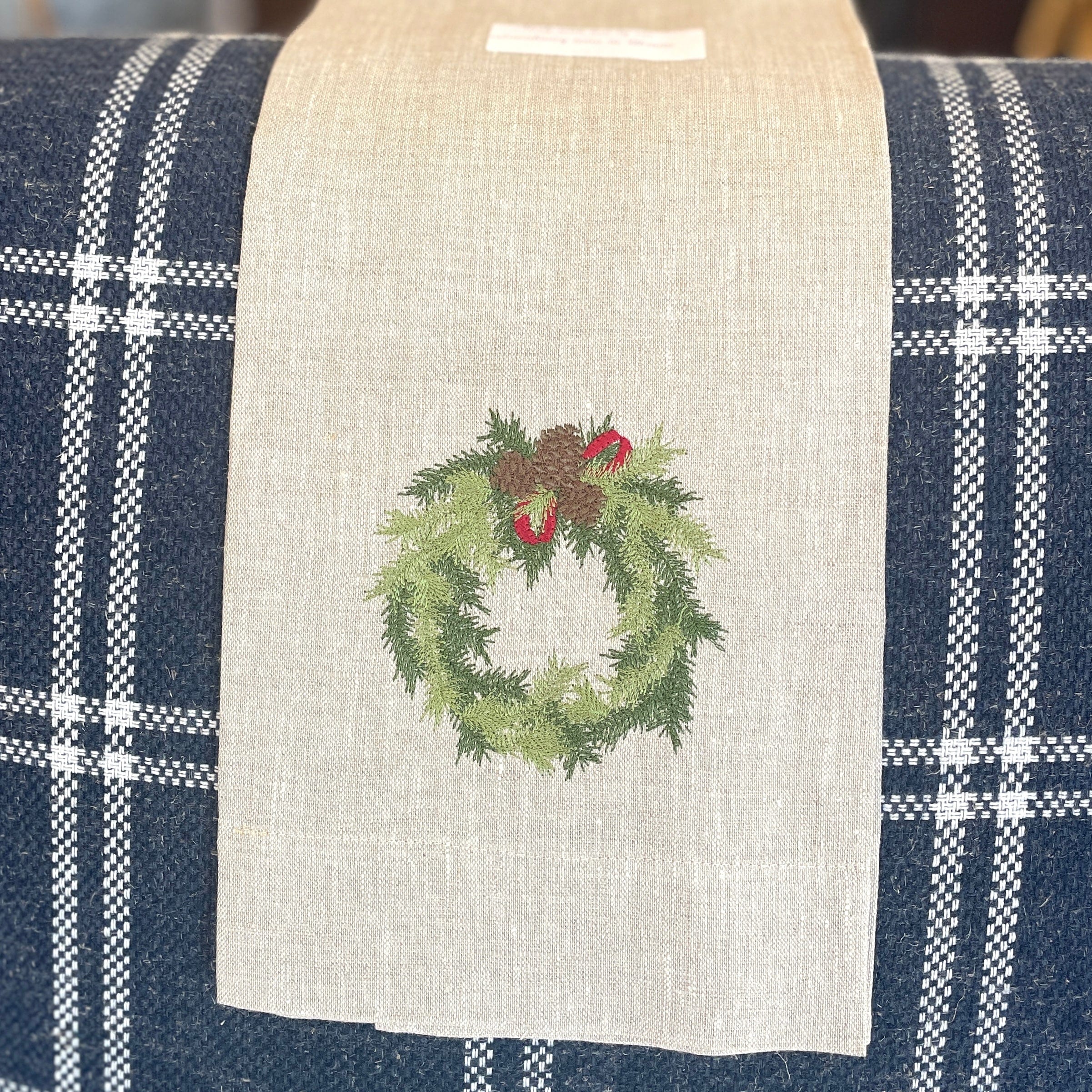Juniper Wreath/Flax Embroidered Linen Tea Towel - PORCH
