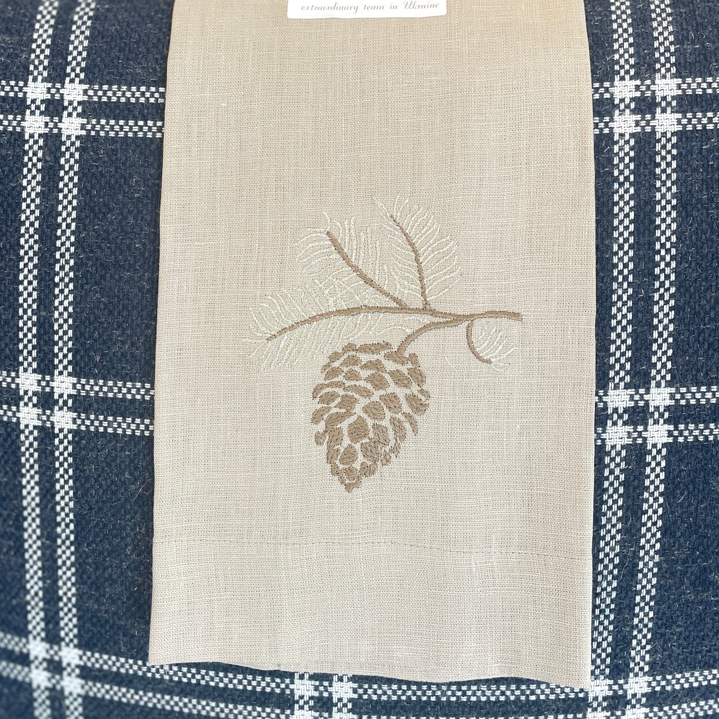Pinecone/Flax Embroidered Linen Tea Towel - PORCH