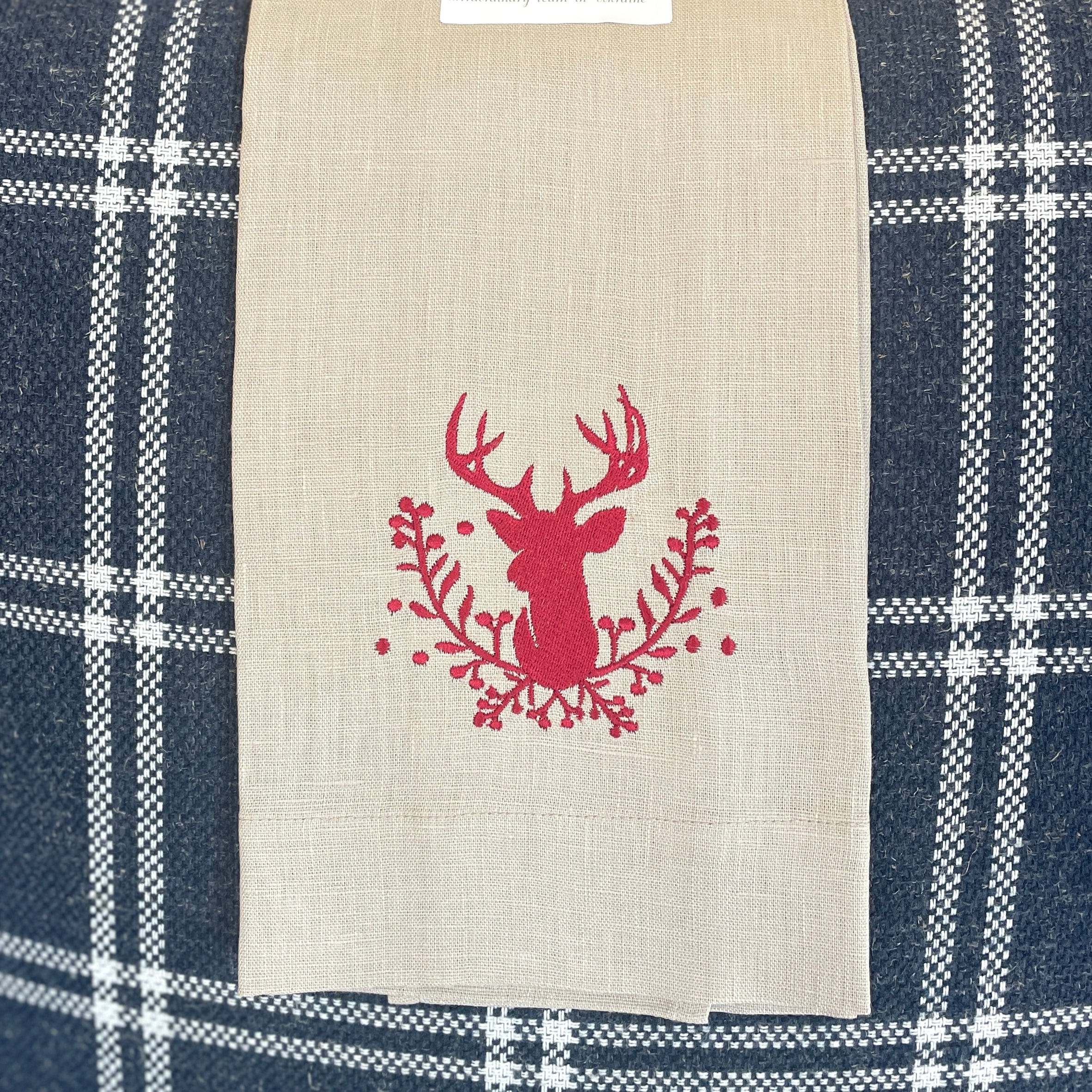 Stag with Berries/Flax Embroidered Linen Tea Towel - PORCH