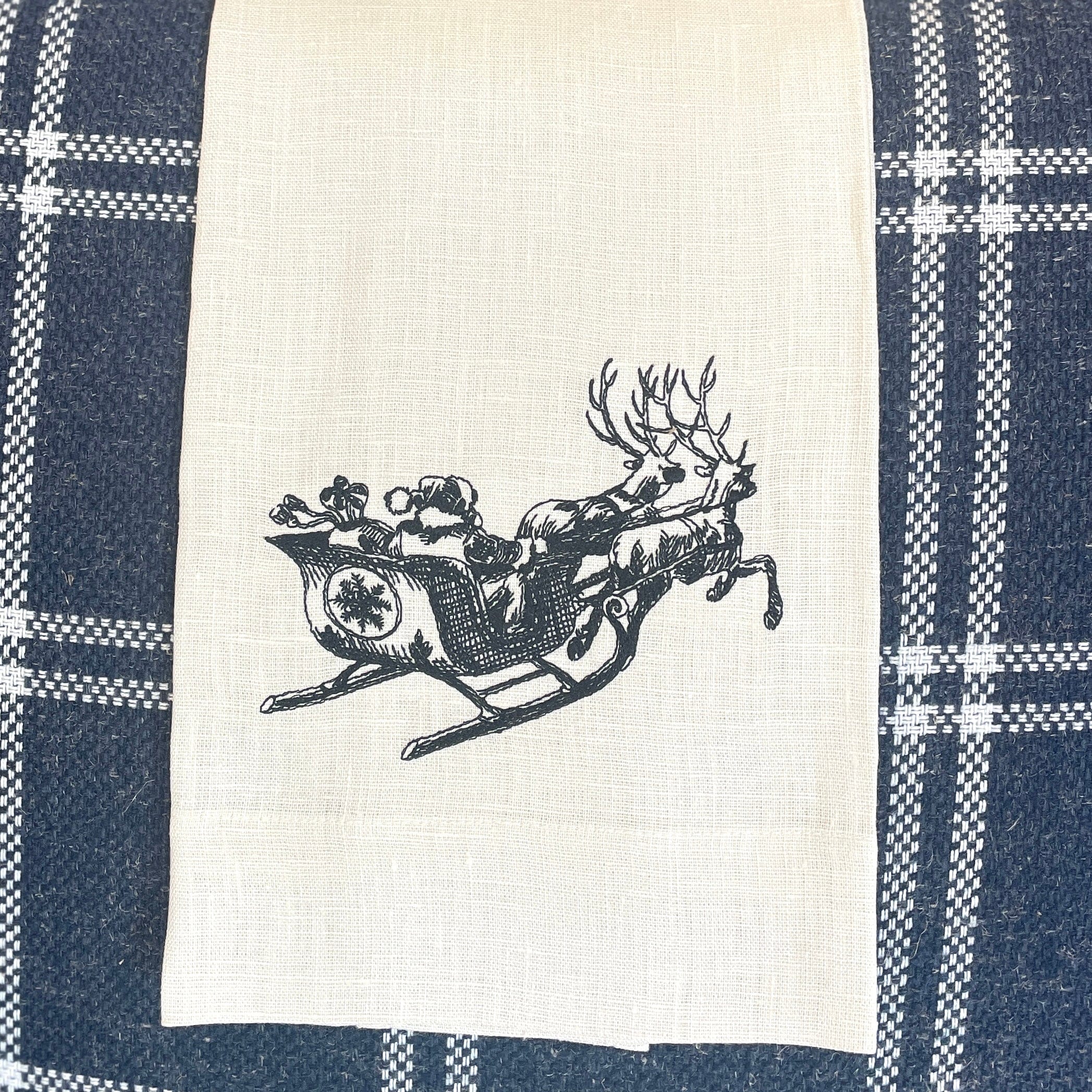Vintage Sleigh/Cream Embroidered Linen Tea Towel - PORCH