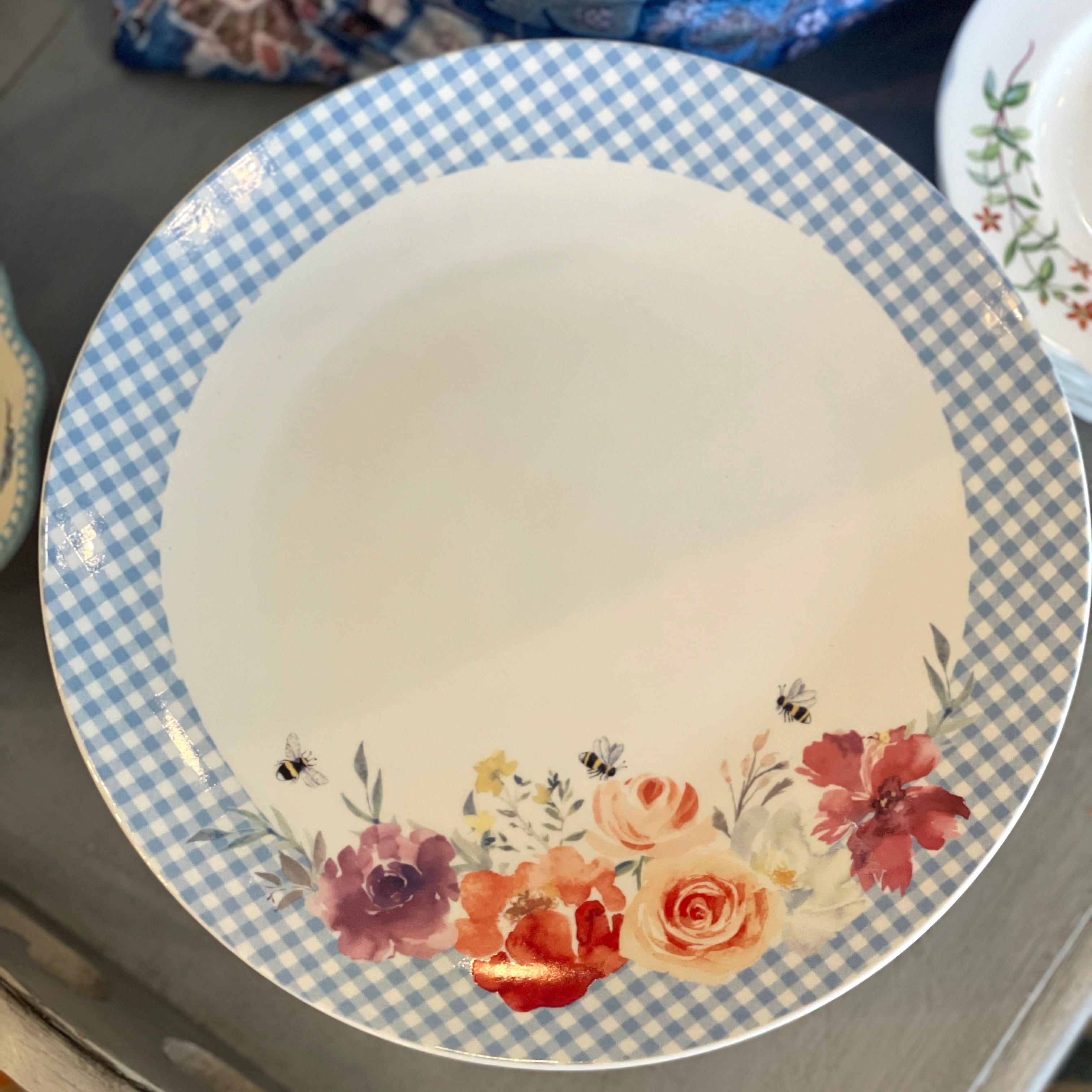 Floral Blue Gingham Dinner Plate - PORCH