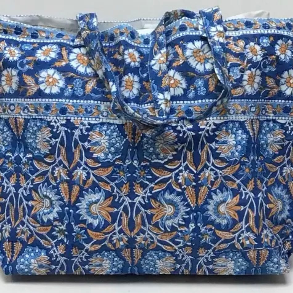 Sarah Blue Hand Printed Canvas Tote Bag - PORCH