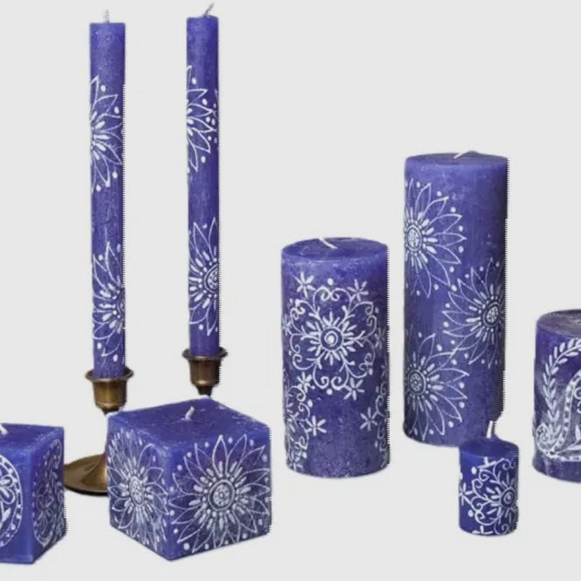 White on Blue Henna Pillar Candle - PORCH