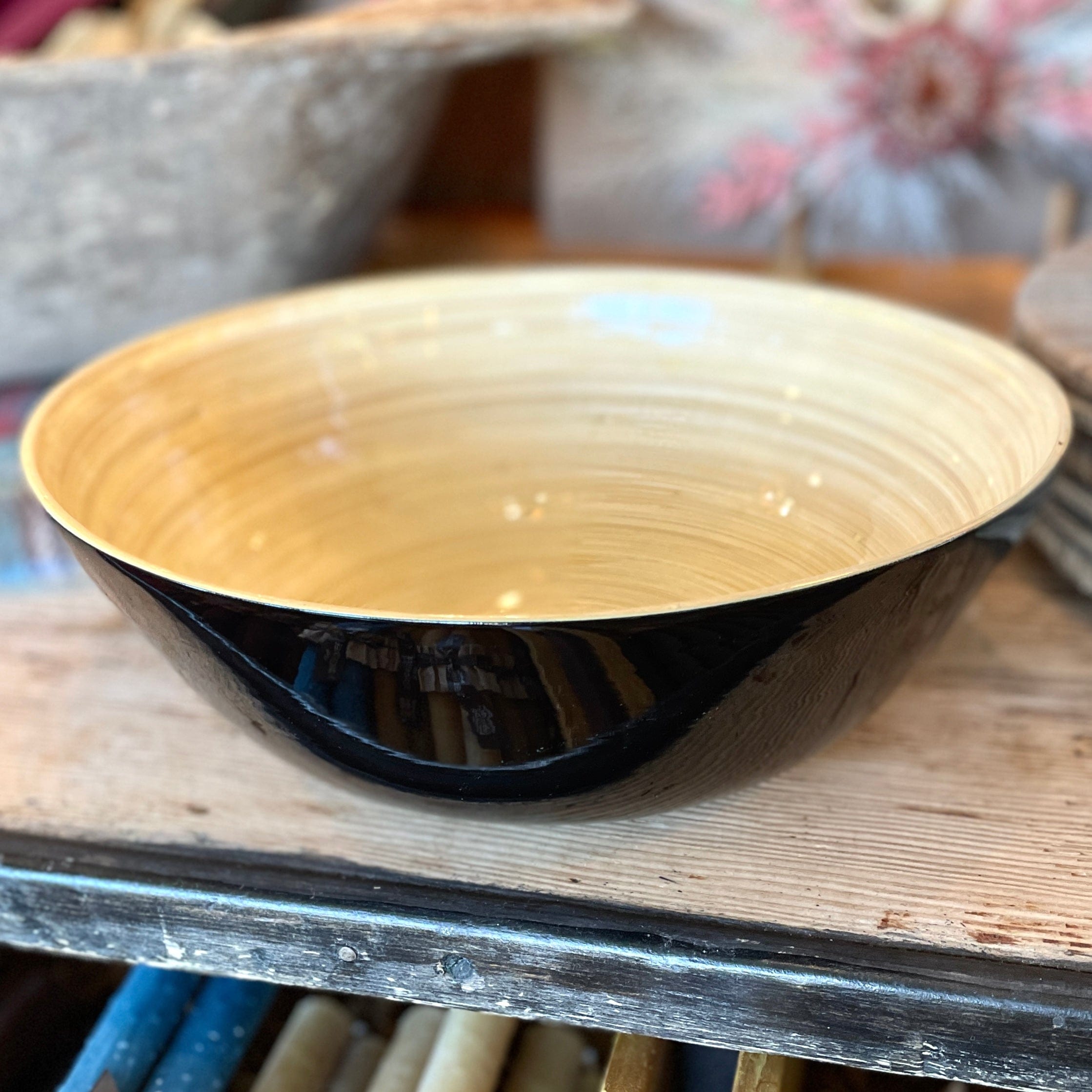 Black Large Shallow Lacquered Bamboo Bowl - PORCH
