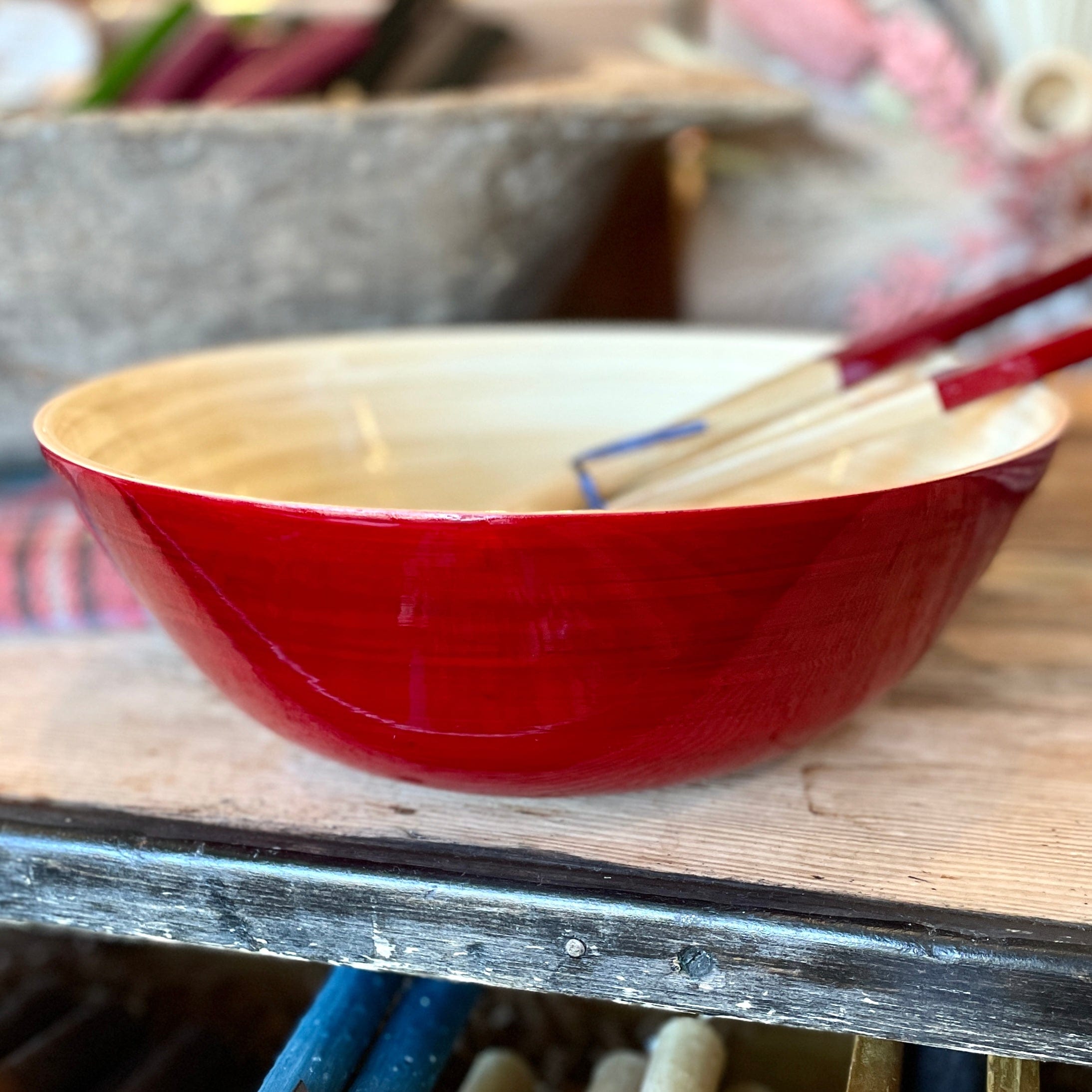 Red Large Shallow Lacquered Bamboo Bowl - PORCH