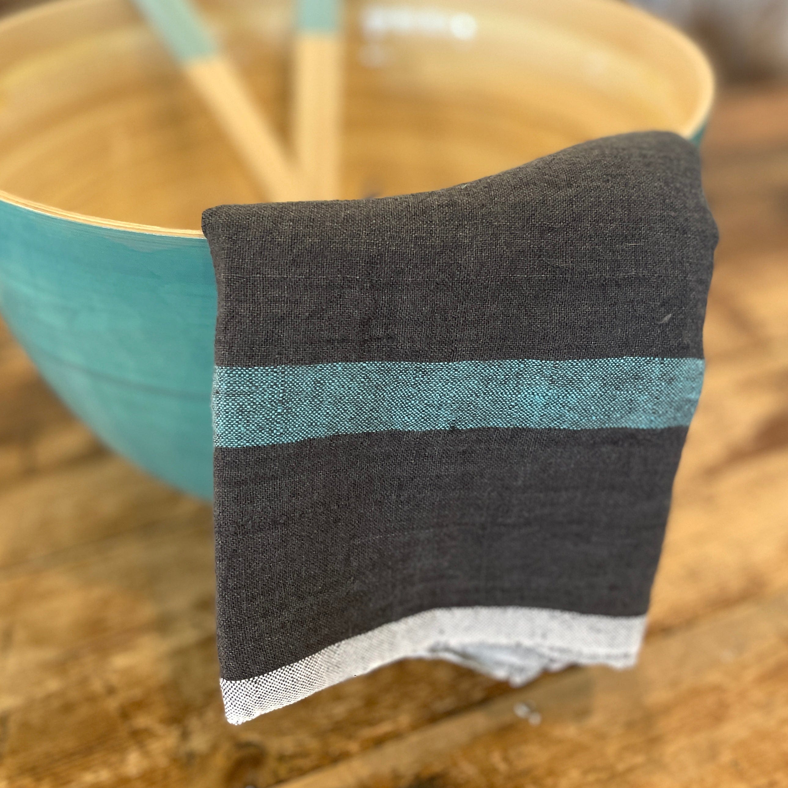 Charcoal/Aqua Laundered Linen Tea Towel - PORCH