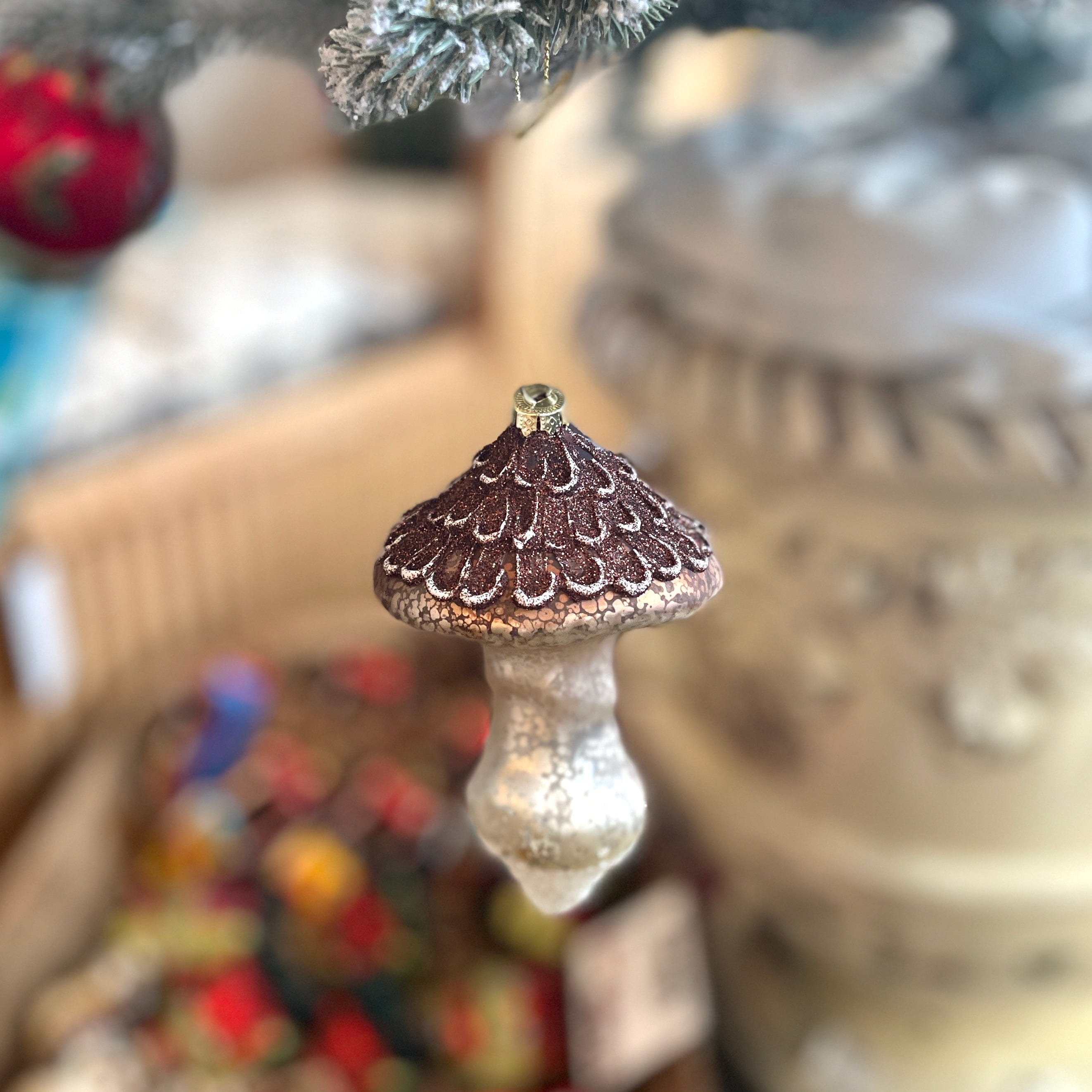 Brown Top Mercury Glass Mushroom Ornament - PORCH