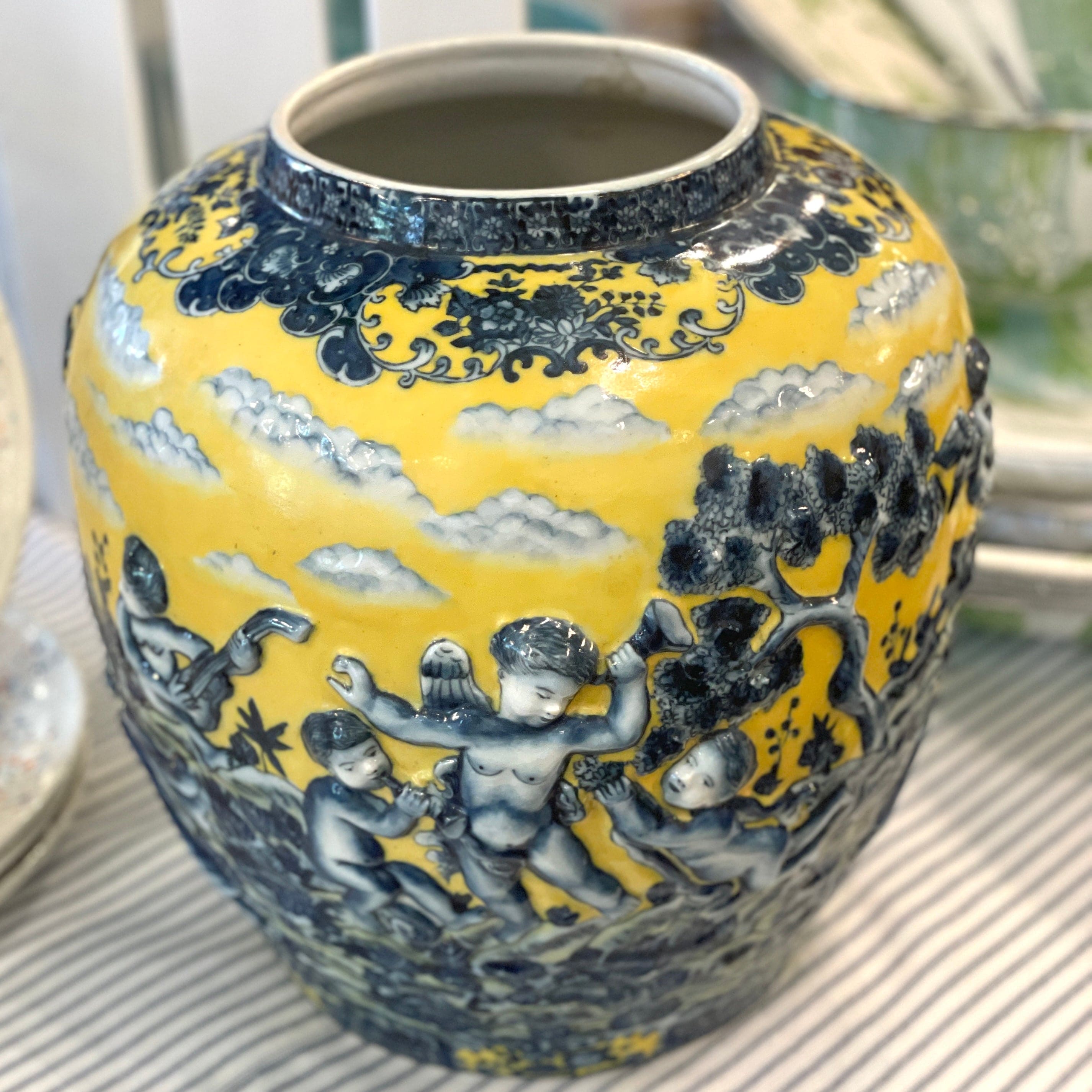 Vintage United Wilson Blue Cherub Yellow Vase - PORCH