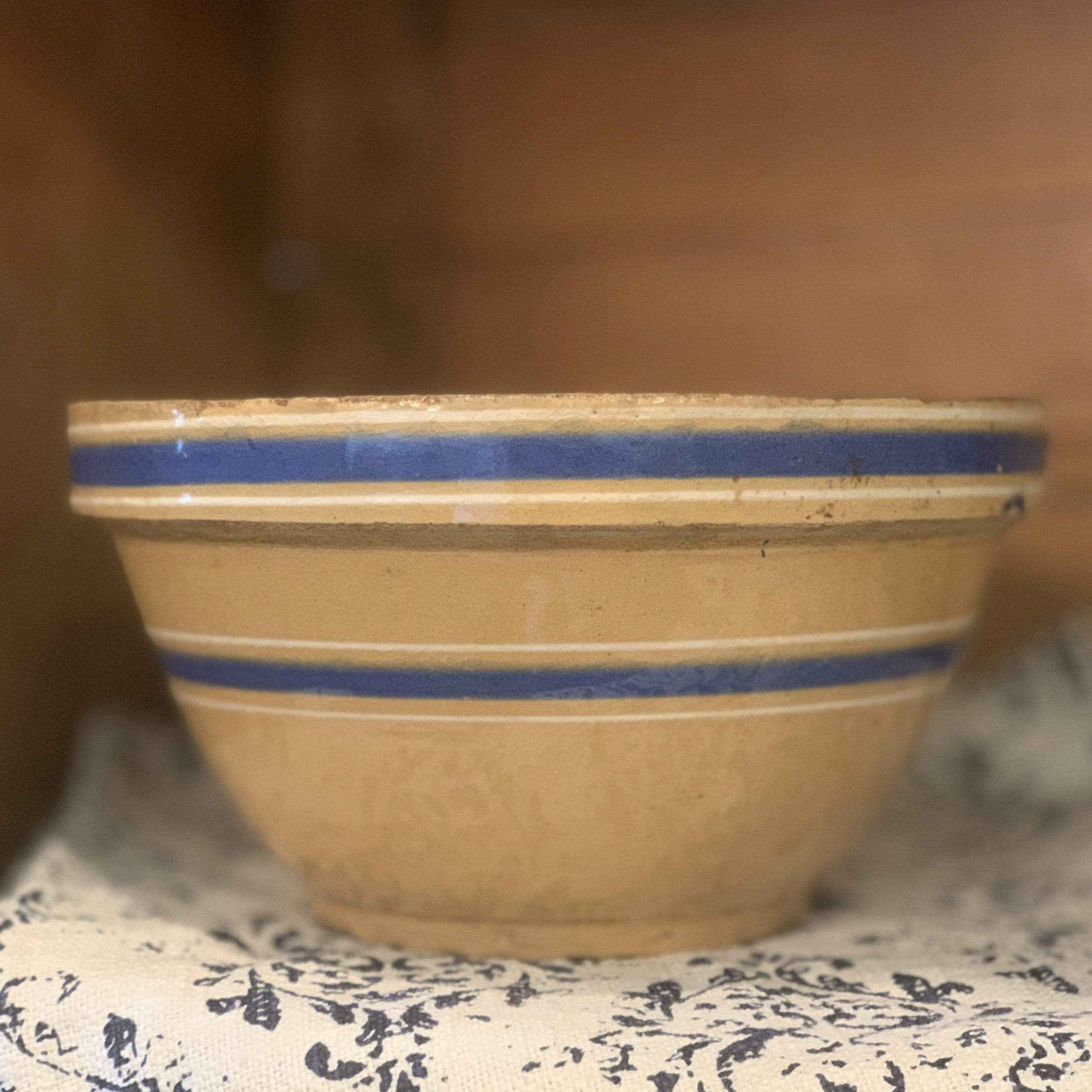 Antique Yellow Ware Bowl with Blue Stripe - PORCH