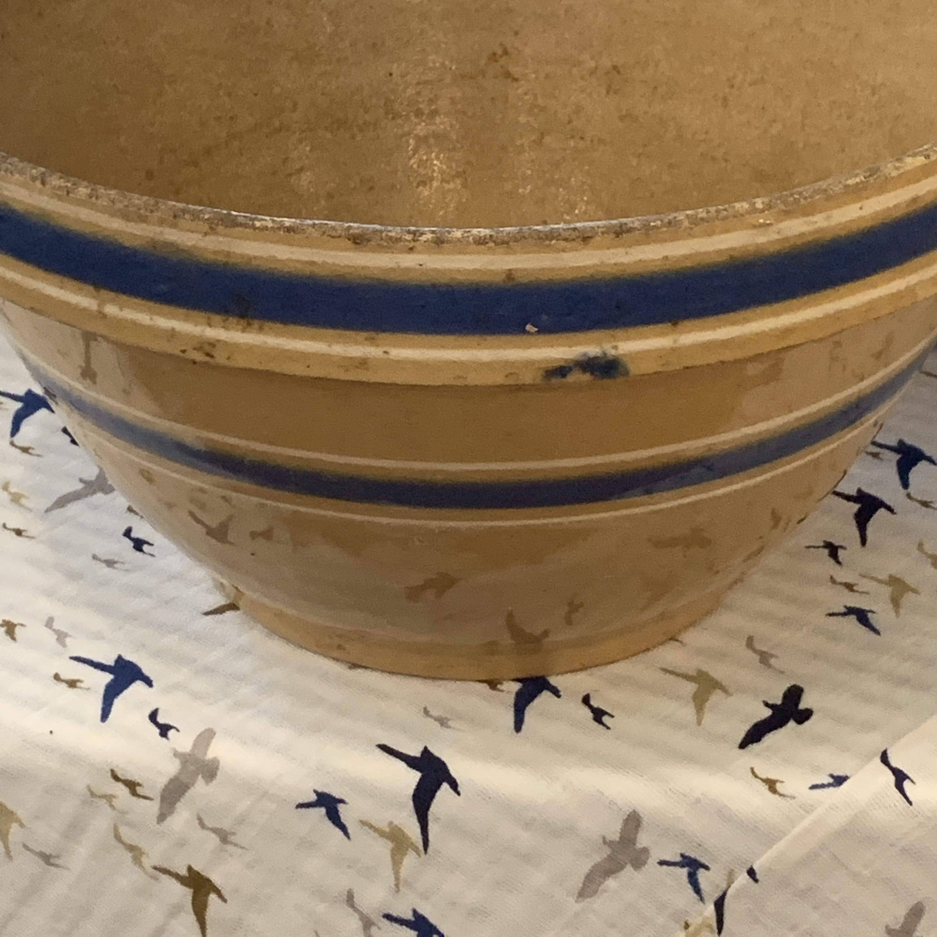 Antique Yellow Ware Bowl with Blue Stripe - PORCH