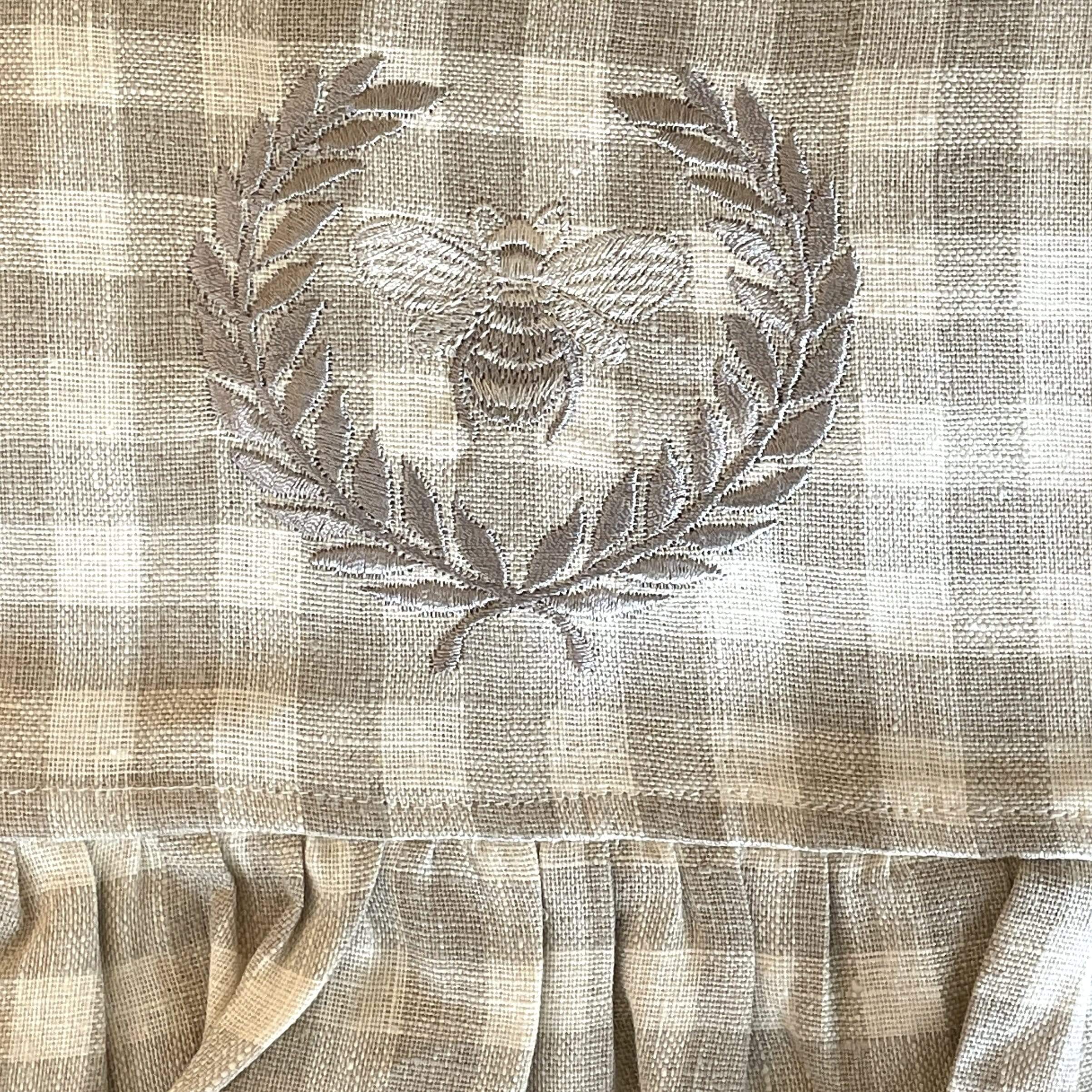 Taupe Check Ruffle/Bee Crown Linen Tea Towel - PORCH