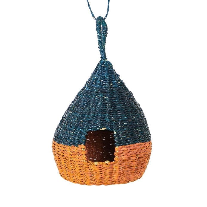 Teal/Natural Fair-Trade Woven Gourd Birdhouse - PORCH