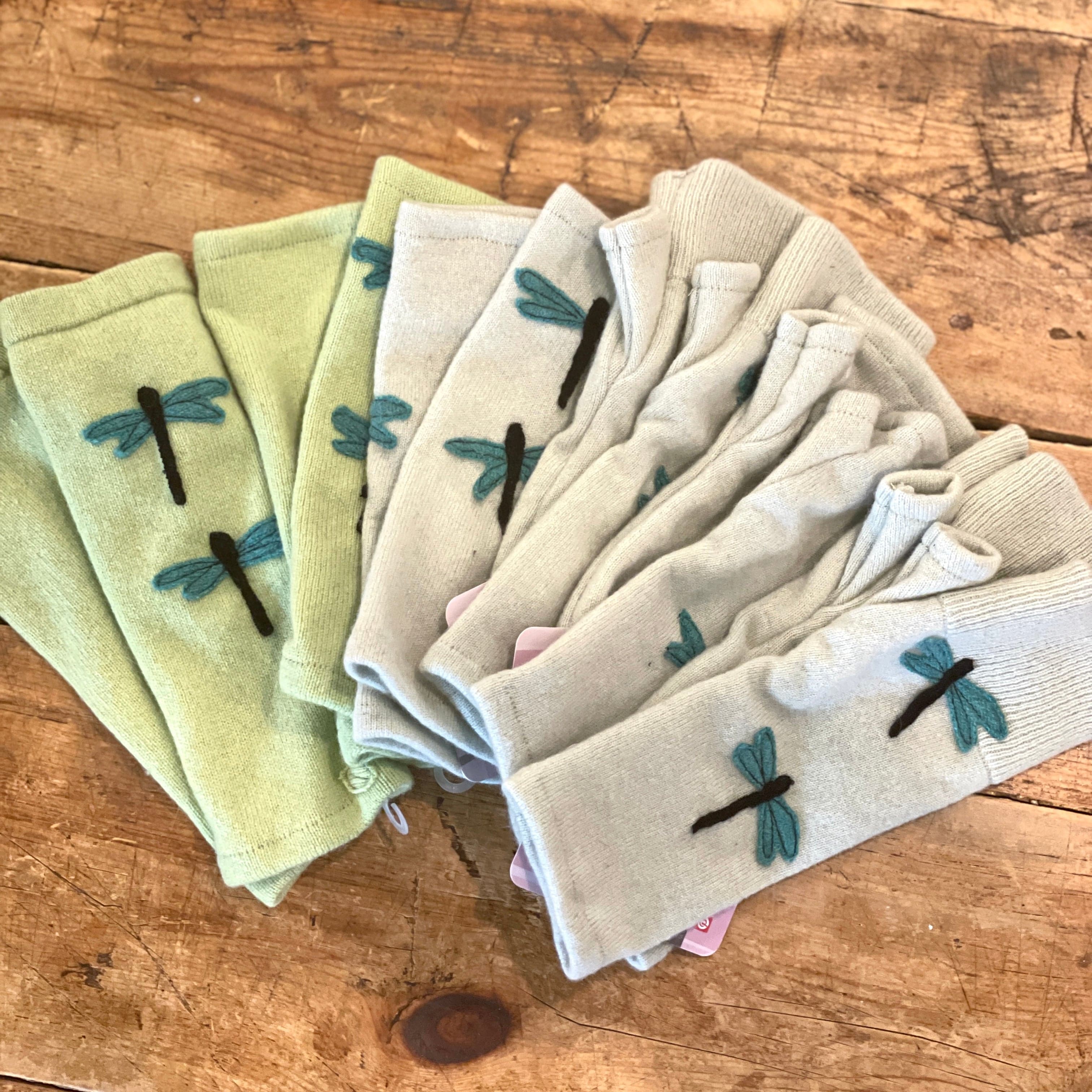 Dragonfly/Green Fingerless Cashmere Gloves - PORCH