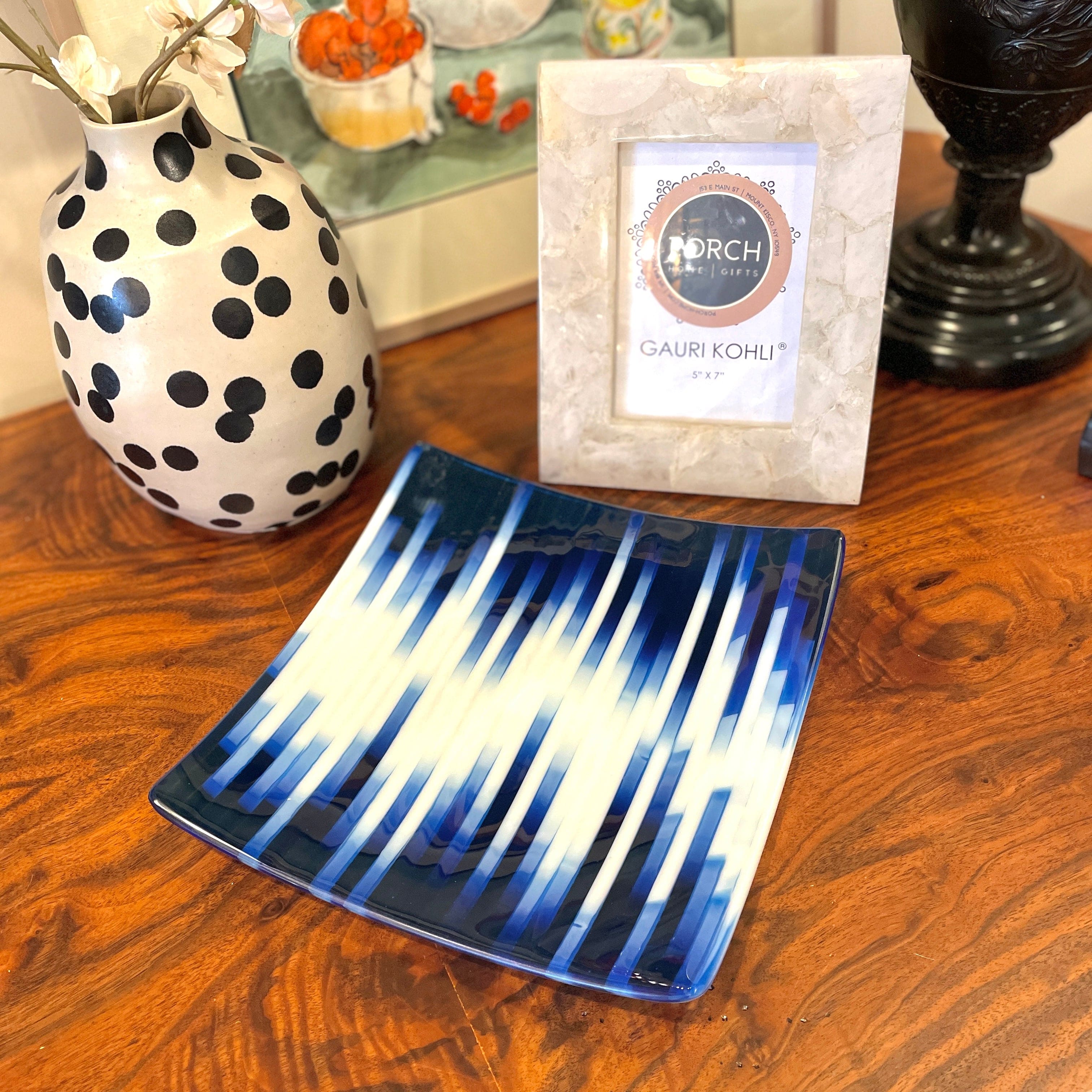 Handmade Art Glass Blue/White Stripe Platter - PORCH