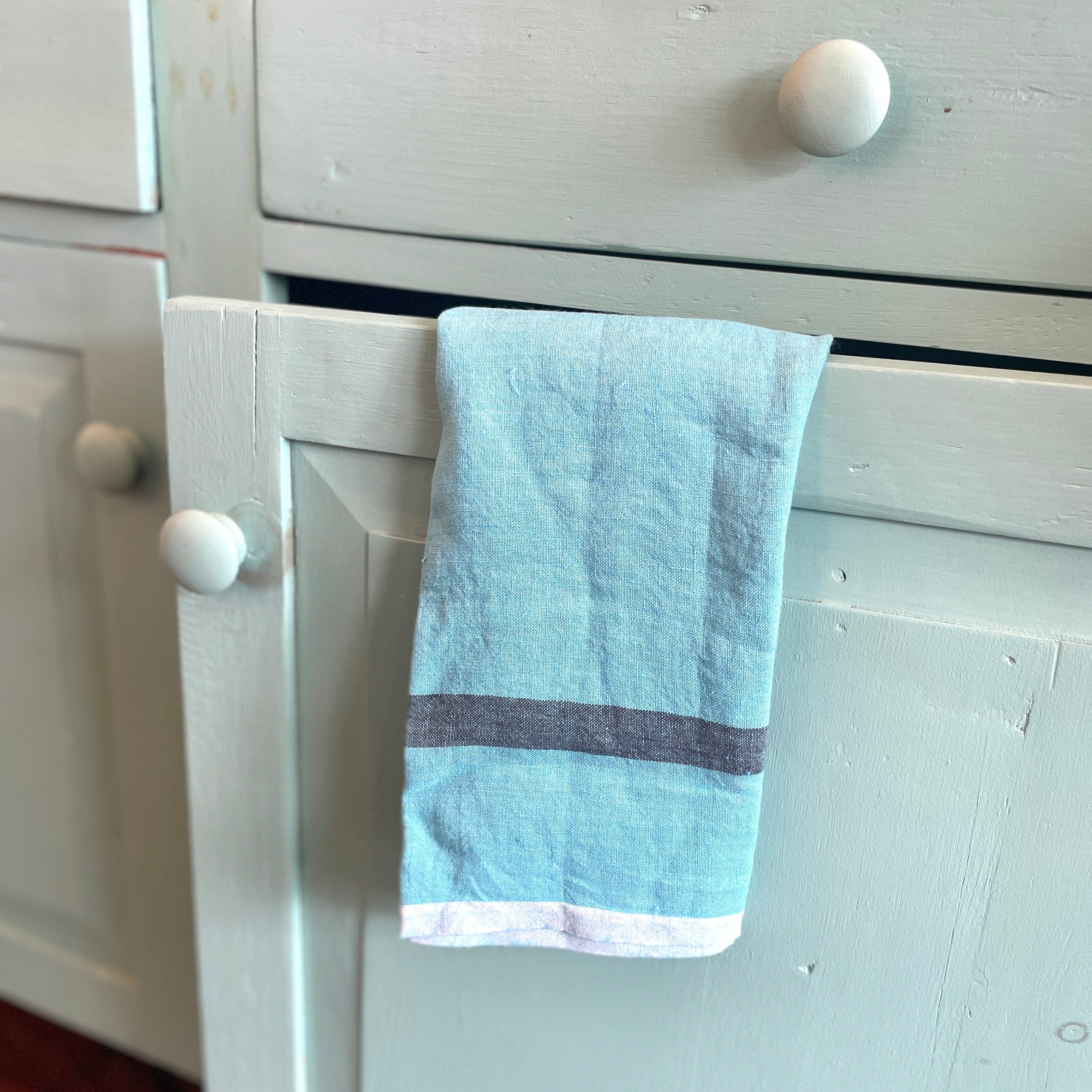 Aqua/Charcoal Laundered Linen Tea Towel - PORCH