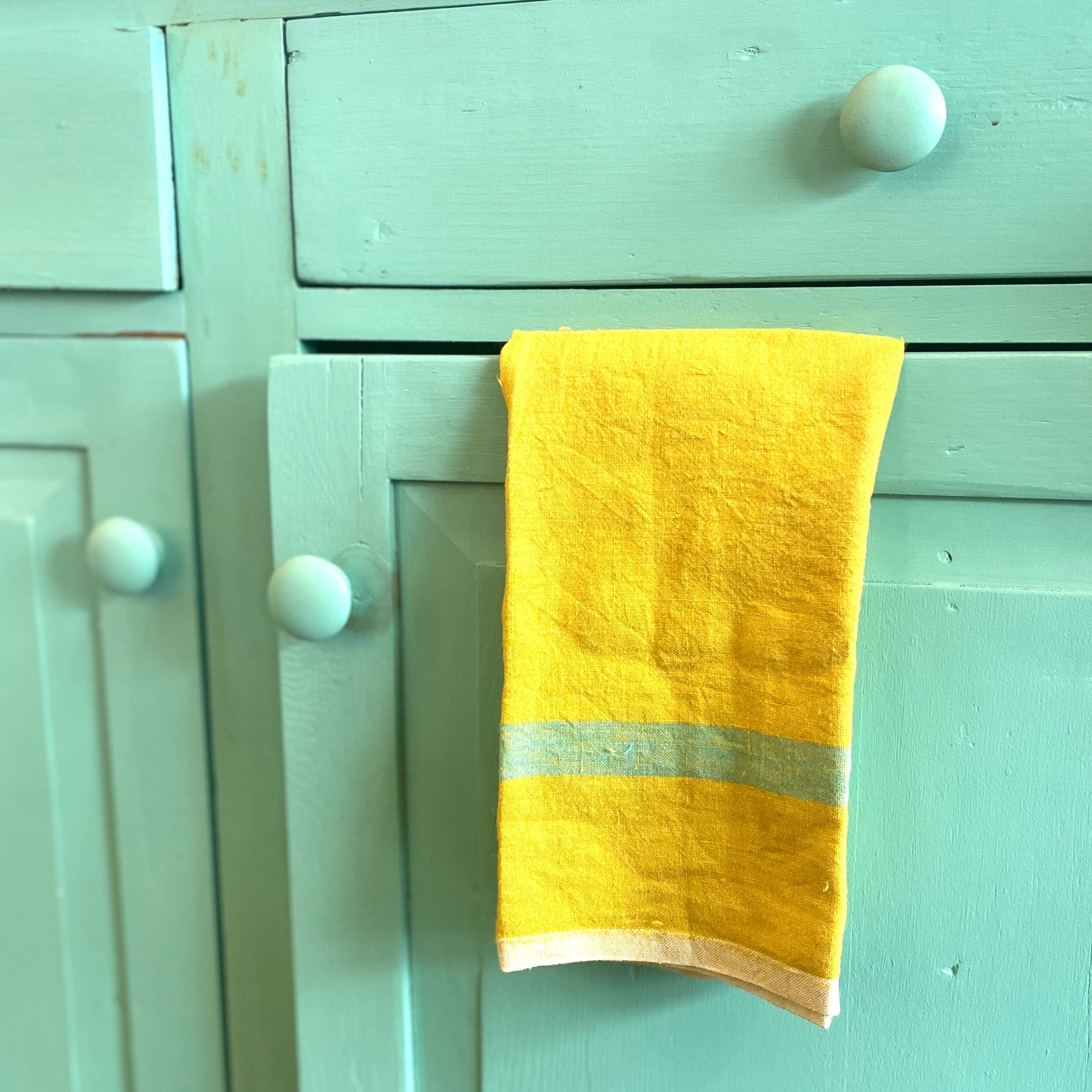 Lime/Aqua Laundered Linen Tea Towel - PORCH