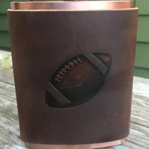 Football/Copper Leather Wrapped Stainless Flask - PORCH