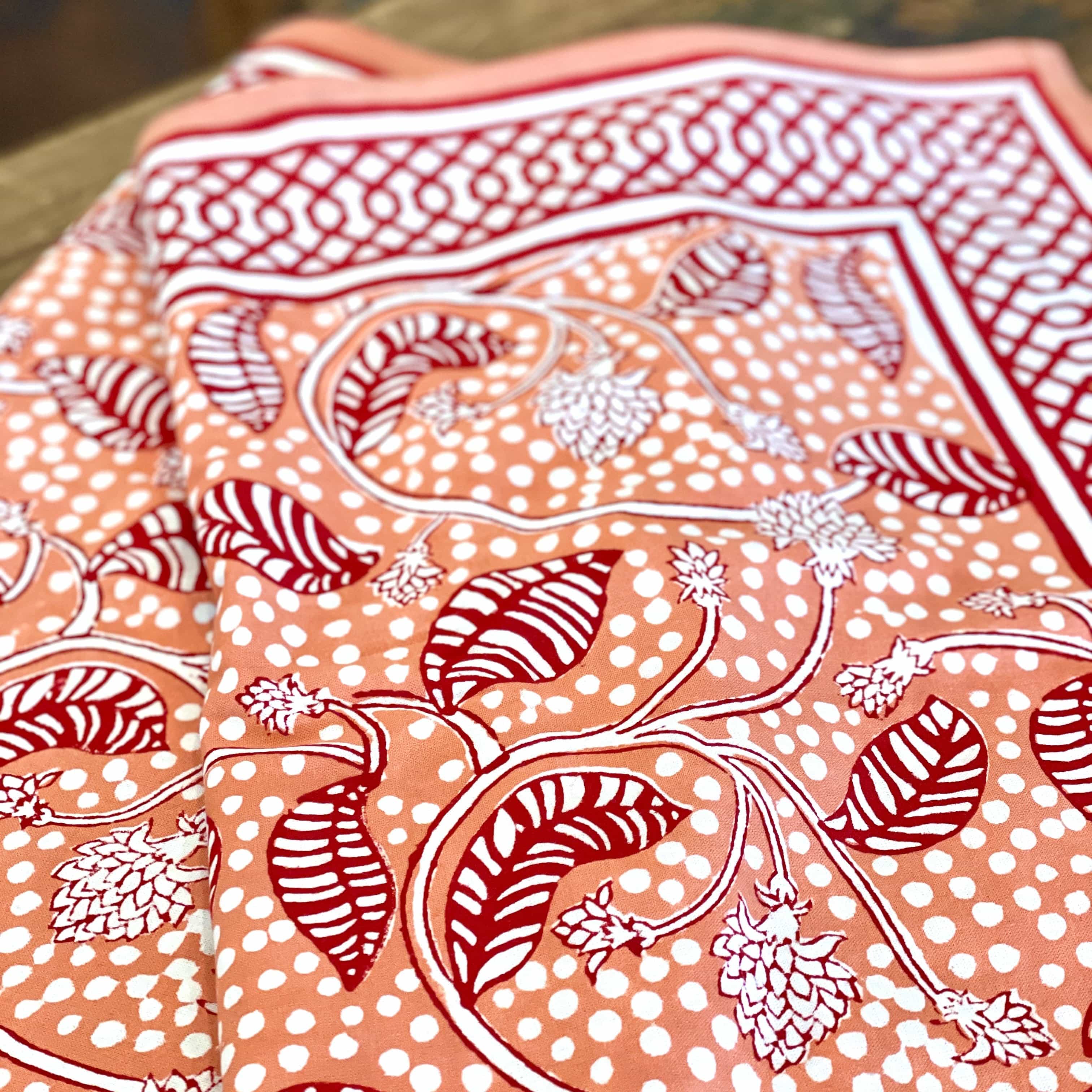 Sambac Coral N.H. Block Print Tablecloth - 60" x 120" - PORCH
