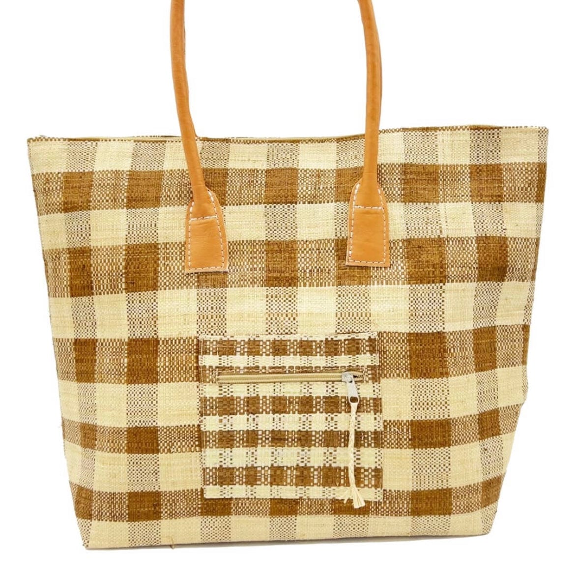 Tobacco Nador Gingham Packable Straw Tote - PORCH