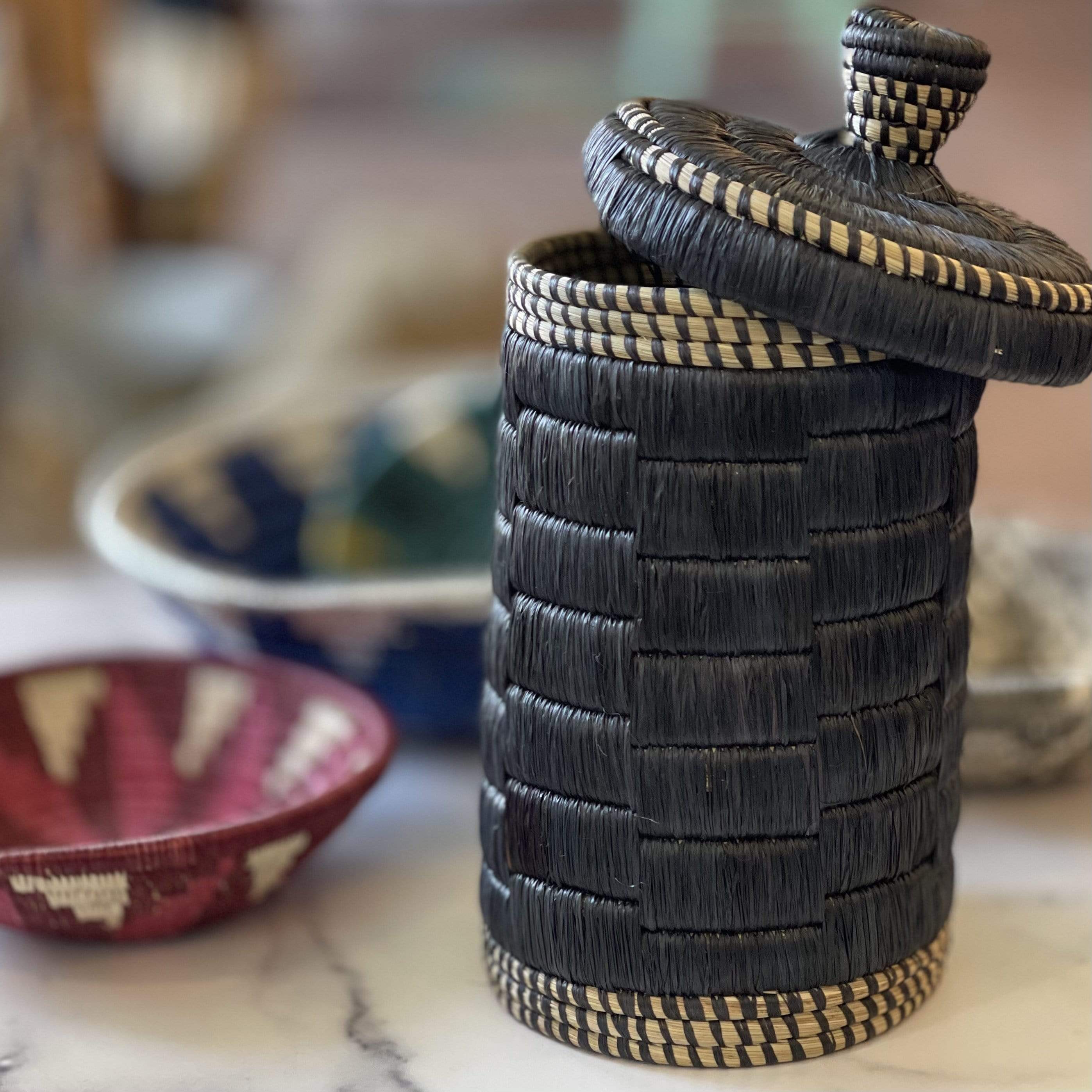 Tall Slate Woven Raffia Canister - PORCH